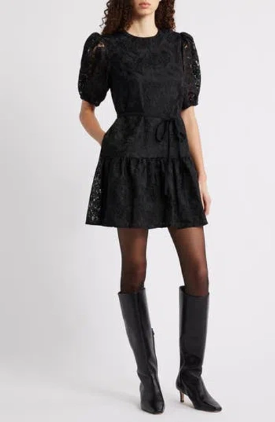 Caslon ® Lace Puff Sleeve Tiered Minidress In Black