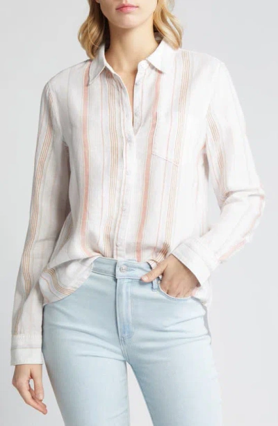 Caslon Linen Blend Button-up Shirt In White- Tan Taylor Stripe