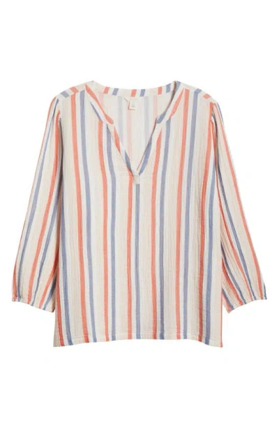 Caslon Long Sleeve Cotton Gauze Popover Top In Ivory/ Stripes