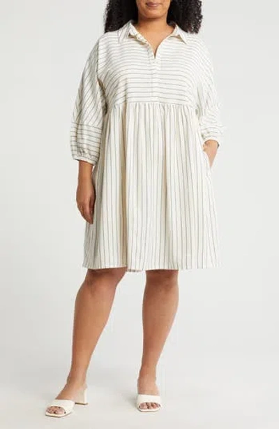 Caslon ® Long Sleeve Linen Blend Shirtdress In White- Grey Ebony Lena Stripe