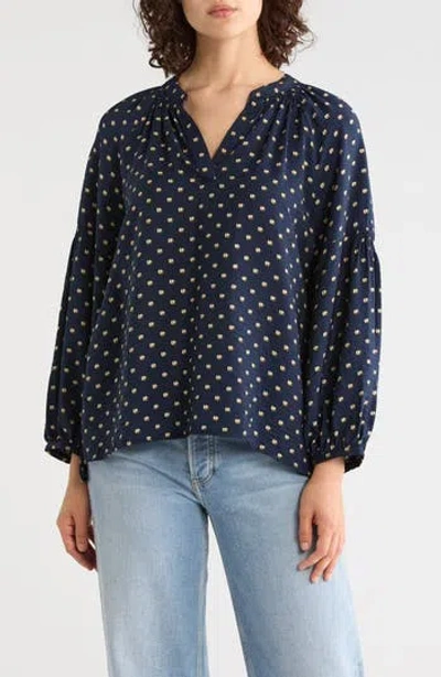 Caslon ® Long Sleeve Printed Popover Top In Navy- Ivory Half Moon Dot