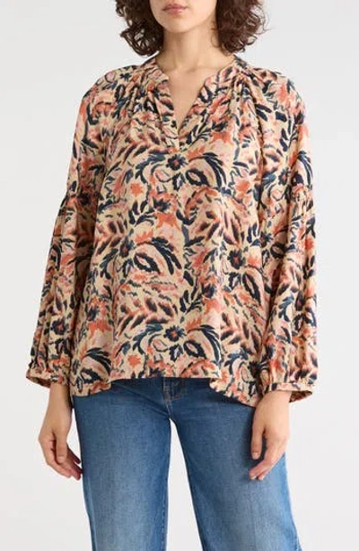 Caslon ® Long Sleeve Printed Popover Top In Tan- Navy Ikat Blossom