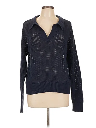 Pre-owned Caslon Long Sleeve Top Blue Solid Pattern Collared Neckline Tops