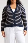 Caslon ® Pointelle V-neck Cardigan In Navy Blazer- Tan Jana Stripe