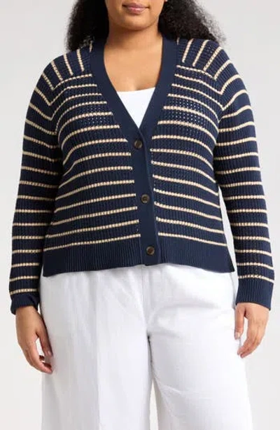 Caslon ® Pointelle V-neck Cardigan In Navy Blazer- Tan Jana Stripe