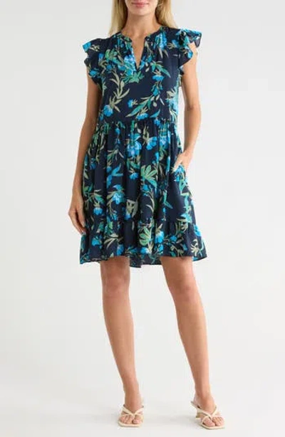 Caslon ® Print Ruffle Shoulder Minidress In Blue