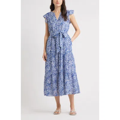 Caslon ® Print Ruffle Sleeve Tie Waist Midi Dress In Blue
