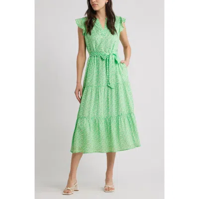 Caslon ® Print Ruffle Sleeve Tie Waist Midi Dress In Green