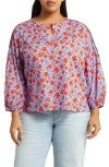 Caslon Print Split Neck Cotton Popover Top In Blue C- Red Orchid Float