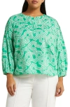 Caslon Print Split Neck Cotton Popover Top In Green Bright- Ivory Ladder Geo