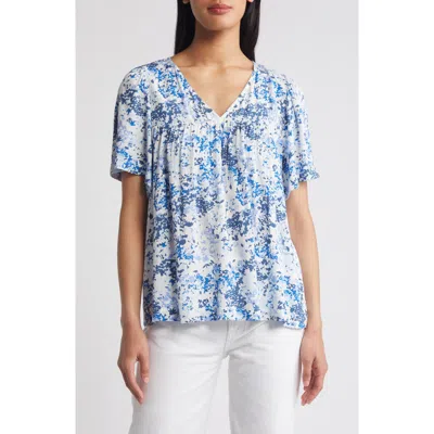Caslon ® Print V-neck Gauze Top In Ivory- Blue Ditsy Meadow