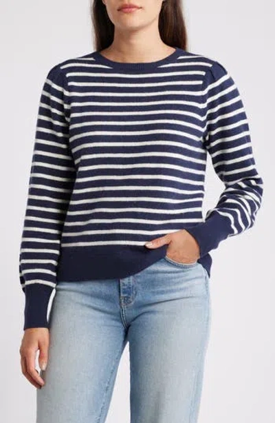 Caslon ® Puff Sleeve Cotton Blend Crewneck Sweater In Navy- Ivory Pinstripe