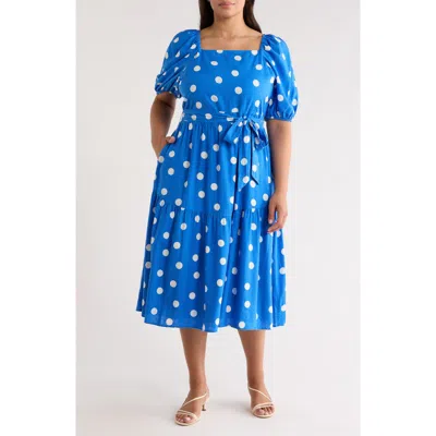 Caslon ® Puff Sleeve Linen Blend Midi Dress In Blue Palace- Ivory Tulla Dot