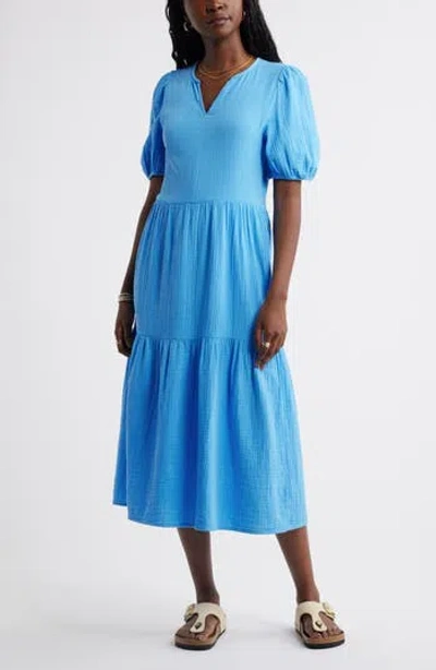 Caslon ® Puff Sleeve Tiered Cotton Gauze Midi Dress In Blue