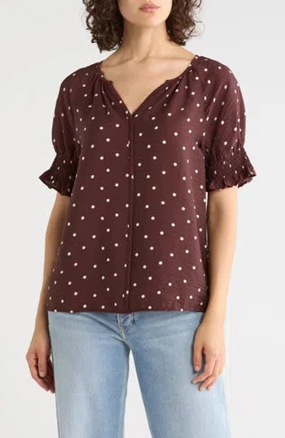 Caslon ® Puff Sleeve Top In Brown- Ivory Toss Dot