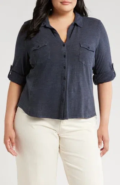 Caslon ® Roll Sleeve Knit Button-up Shirt In Navy Blazer