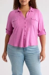 Caslon ® Roll Sleeve Knit Button-up Shirt In Pink Rosebud