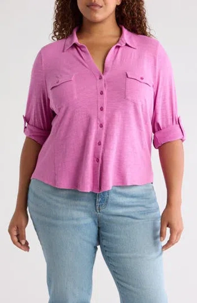 Caslon ® Roll Sleeve Knit Button-up Shirt In Pink Rosebud