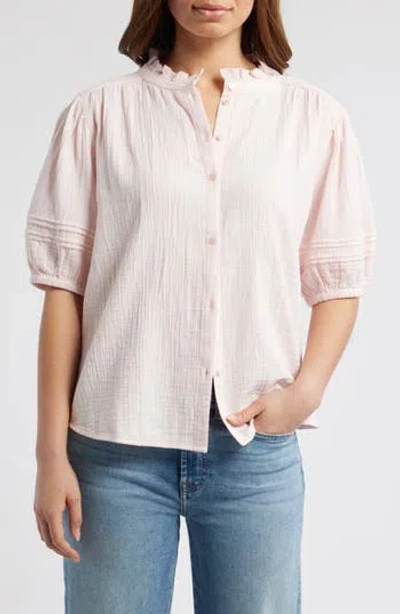 Caslon ® Ruffle Band Collar Cotton Gauze Button-up Top In White