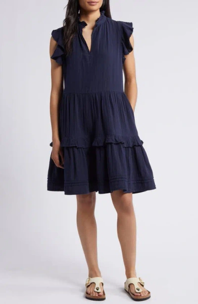 Caslon Ruffle Duo Cotton Gauze Dress In Navy Blazer