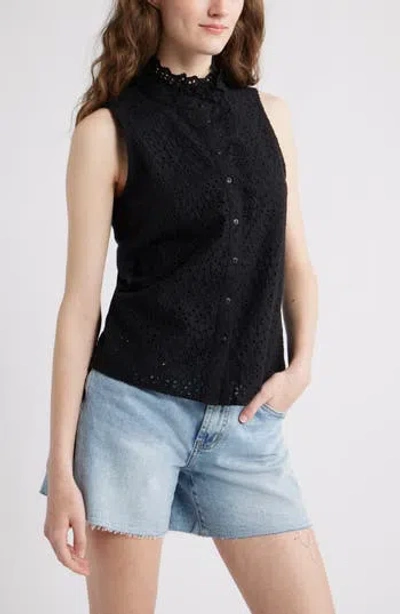 Caslon ® Ruffle Eyelet Sleeveless Button-up Shirt In Black