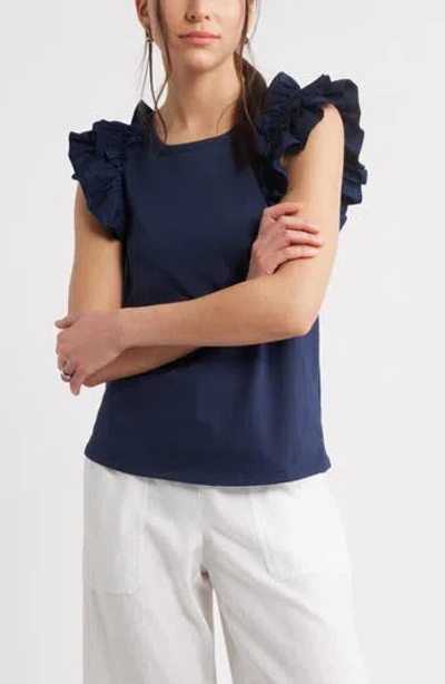 Caslon ® Ruffle Shoulder Cotton Tank In Blue