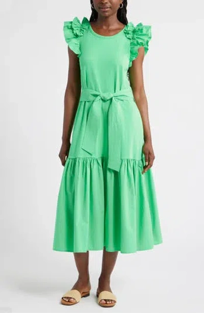 Caslon ® Ruffle Tie Waist Mixed Media Dress In Green