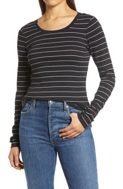 Caslon ® Scoop Neck Long Sleeve Cotton Knit Top In Black- White Lauren Stripe