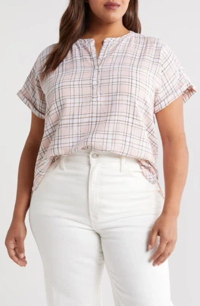 Caslon Short Sleeve Linen Blend Popover Top In Pink Beach- Olive Sutton Plaid