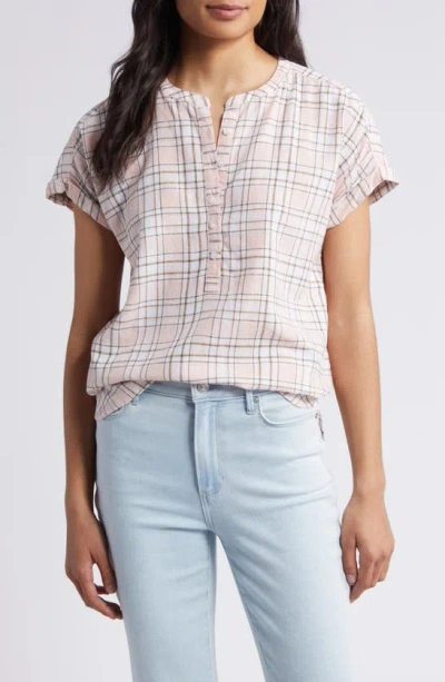 Caslon Short Sleeve Linen Popover Top In Pink Beach- Olive Sutton Plaid