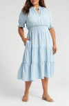 Caslon ® Short Sleeve Tiered Chambray Dress In Blue