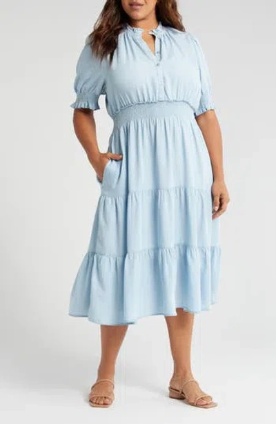 Caslon ® Short Sleeve Tiered Chambray Dress In Blue