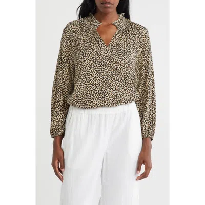 Caslon ® Smocked Split Neck Top In Animal Print