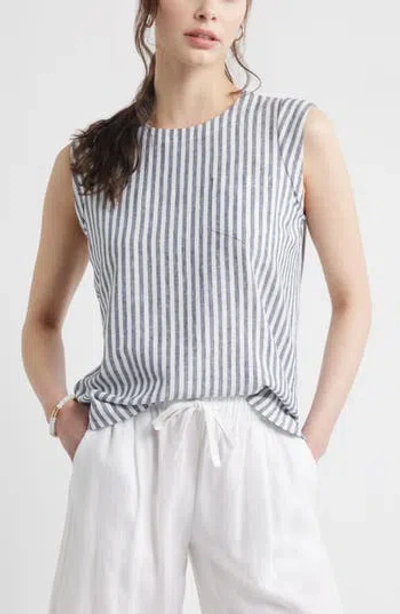 Caslon ® Stripe Cap Sleeve Linen Blend Top In Blue