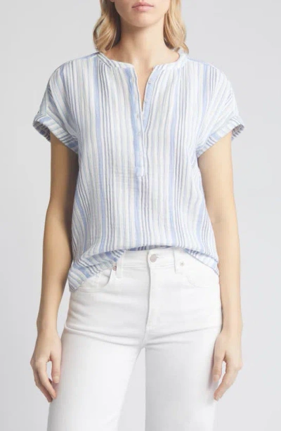 Caslon Stripe Cotton Gauze Henley In Ivory Cloud- Blue Vera Stripe