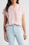 Caslon Stripe Cotton Gauze Henley In Ivory Cloud- Pink Vera Stripe