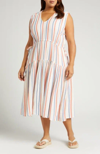 Caslon Stripe Cotton Gauze Tiered Dress In Pink Beach- Red Napa Stripe