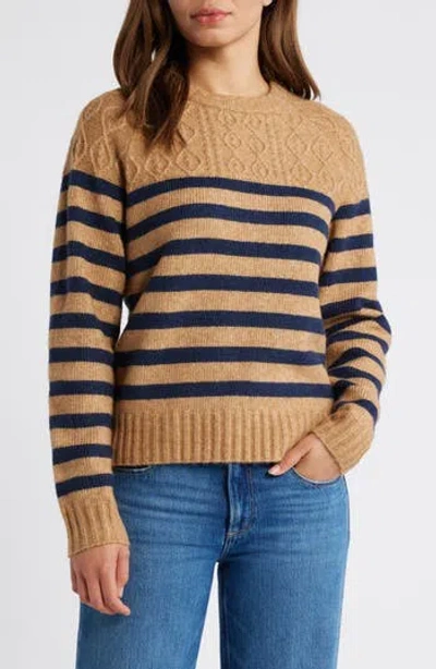Caslon ® Stripe Crewneck Sweater In Tan Heather Navy Blazer Stripe