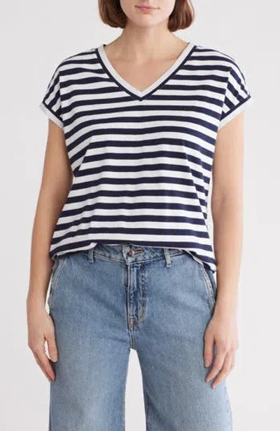 Caslon ® Stripe Cotton V-neck T-shirt In Navy Blazer- White Stripe