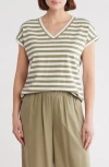 Caslon ® Stripe Cotton V-neck T-shirt In Olive Acorn - White Stripe