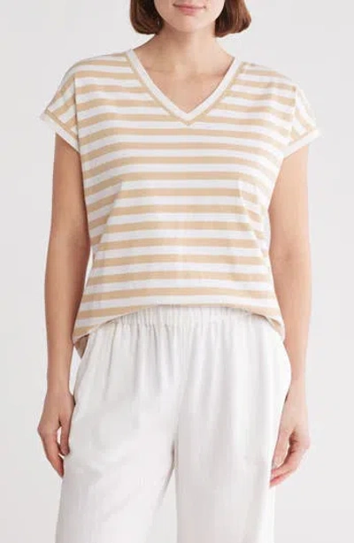Caslon ® Stripe Cotton V-neck T-shirt In Tan Shore- White Charm Stripe