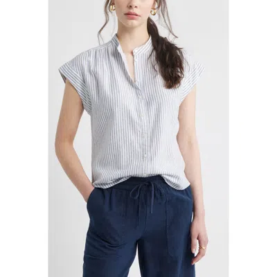 Caslon ® Stripe Linen Blend Short Sleeve Button-up Shirt In Blue