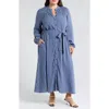 Caslon ® Stripe Long Sleeve Linen Blend Maxi Shirtdress In Blue