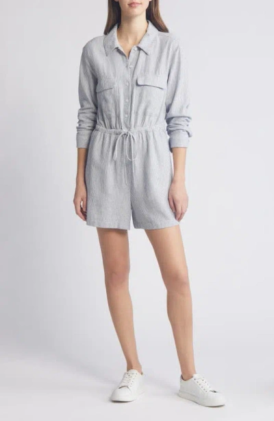 Caslon Stripe Long Sleeve Linen Blend Romper In Blue Vintage Leah Stripe