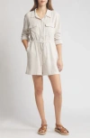 Caslon Stripe Long Sleeve Linen Blend Romper In Tan Safari- White Leah Stripe