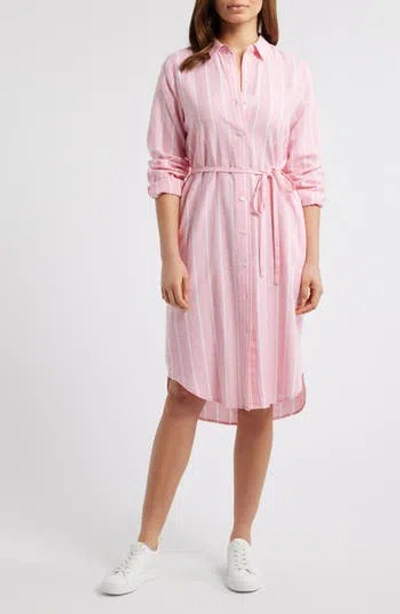 Caslon ® Stripe Long Sleeve Linen Blend Shirtdress In Pink