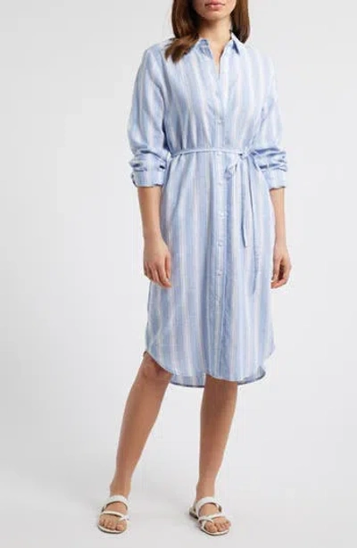 Caslon ® Stripe Long Sleeve Linen Blend Shirtdress In Blue