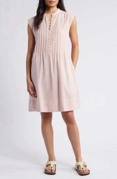 Caslon Stripe Pintuck Detail Linen Blend Dress In Pink Canyon- Ivory Leah Stripe