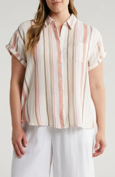 Caslon Stripe Short Sleeve Cotton Gauze Button-up Shirt In Ivory- Coral Pink Stripe