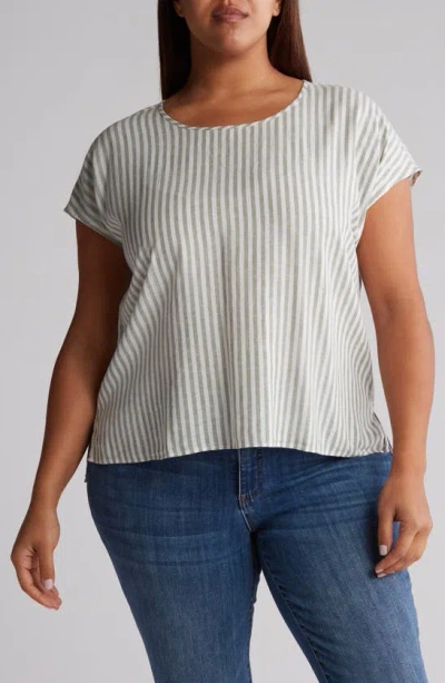 Caslon Stripe Short Sleeve Linen Blend Top In Green- Ivory Brianne Stripe